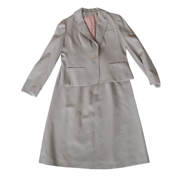 Vintage 90s Neiman Marcus Taupe 100% Wool Skirt Suit Set Women Modern Small Neut - Picture 12 of 13